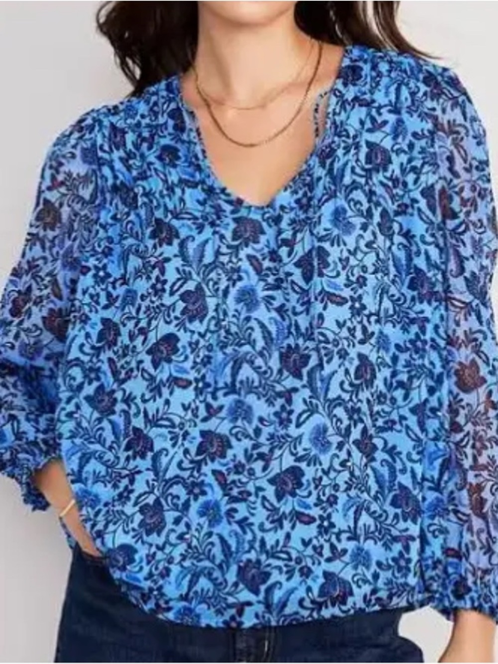 Old Navy Blue Floral Sheer Peasant Blouse L